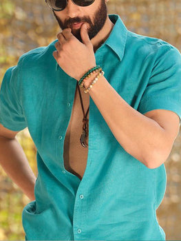 Men's Solid Color Cotton and Linen Cuban Stand Collar Shirt