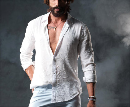 Men's Solid Color Cardigan Long-sleeved Cotton and Linen Ruffle Shirt