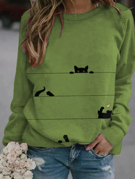 Fashionable Round Neck Long Sleeve Cat Print Sweatshirts