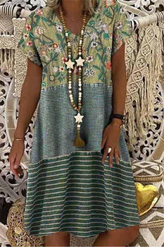 Sexy Traight Printing Color Matching Short-sleeved V-neck Dress