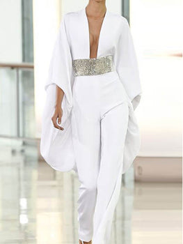 Ladies New Plain Fashion Sexy Deep V Slim Jumpsuit