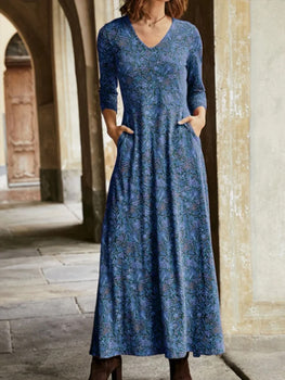 Chicbluf Cotton Vintage Print V-Neck Pocket Long Sleeve Dress