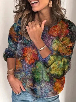 Womens Vintage Print Round Neck Long Sleeve T-Shirt