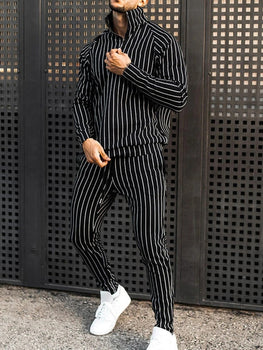 Mens Striped Fitness Running Long Sleeve Sweater Slim Pants Set