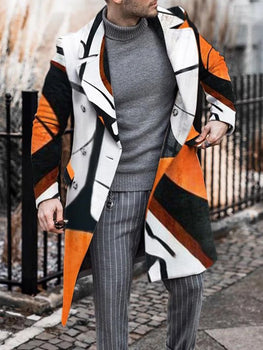 Mens Color Block Button Lapel Straight Double-Breasted Coat