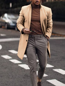 Mens Single-Breasted Lapel Woolen  Coat