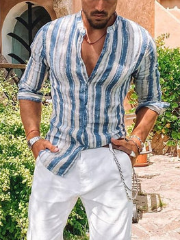 Men's Striped Stand Collar Linen Long Sleeve Shirt