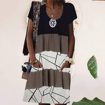 Sexy Stitching Geometric Printing Medium-length Short-sleeved Dress