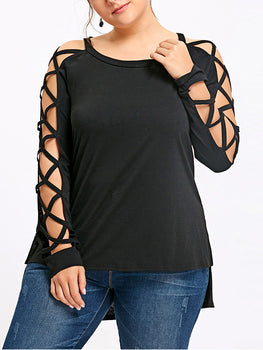 Plus size fashion strapless hollow mesh long sleeve T-shirt