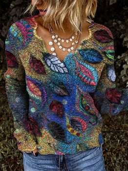 Womens Long Sleeve Vintage V-neck Print Top