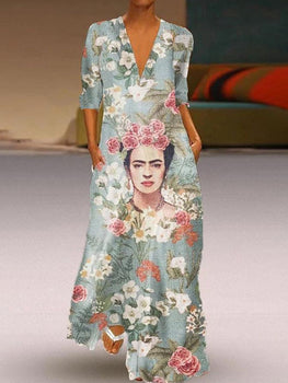 Retro V-neck Long-sleeved Portrait Print Dress