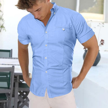 Mens Short-sleeved Shirt Slim Solid Color Shirt