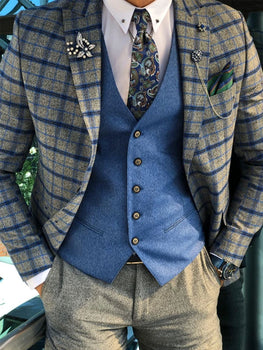 Mens Casual Retro Lapel Plaid Suit