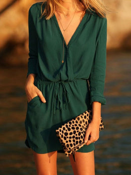 Neocozy Casual solid color elastic waist V-neck dress