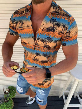 Fashion Lapel Beach Print Short-sleeved Shirt