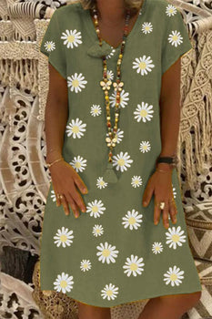 Daisy Flower Printed Short Sleeve Linen Dress