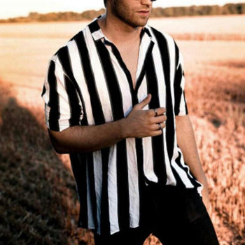 Men's New Casual White Striped Lapel Button Short Sleeve Shirt