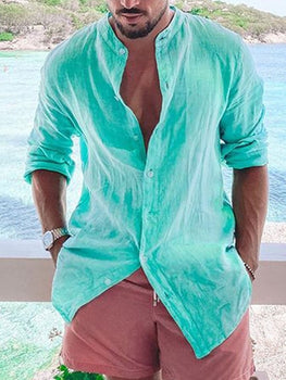 Men's Leisure Vacation Cotton and Linen Long-sleeved Shirt