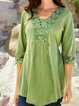 Lace Patchwork V-neck Half Sleeve Women Blouses