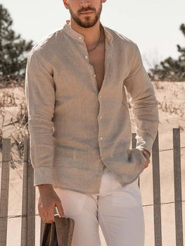 Men's solid color stand-up collar linen long-sleeved shirt