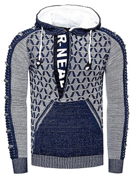 Mens Slim Mixed Color Stand-Up Collar Drawstring Hooded Sweater