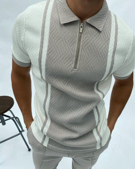 Herringbone jacquard color block slim fit polo shirt