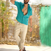 Men's Solid Color Cotton and Linen Cuban Stand Collar Shirt