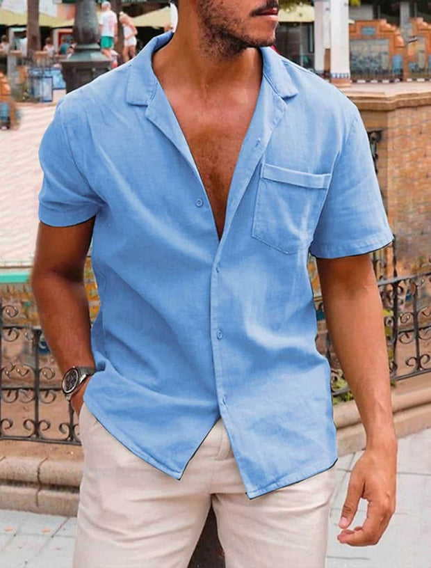 Men's Summer Plain Lapel Button Short Sleeve Shirt