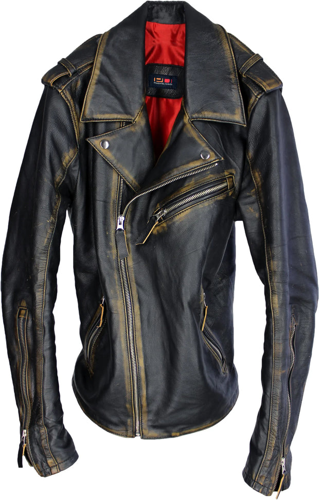 GOLD 19 Leather Jacket Washed Distressed Black & Gold Stripes