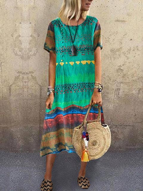 Sexy Short-sleeved Printed Round Collar Dress