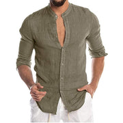 Plain Stand-neck Cotton Linen Long Sleeve Shirt