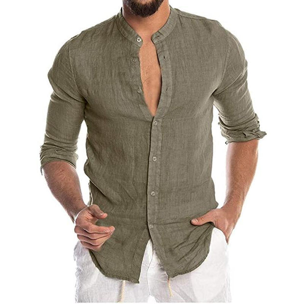 Plain Stand-neck Cotton Linen Long Sleeve Shirt