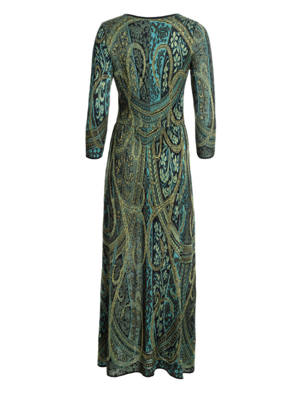 Amourpolly Ladies Vintage Print O-Neck Long Sleeve Long Dress