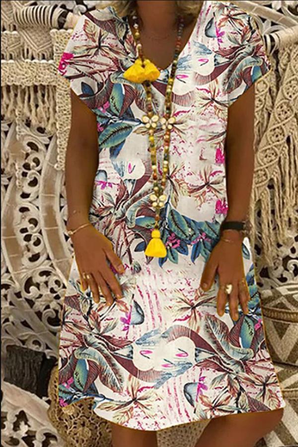 Women's Short Sleevee Leaf Print Dress