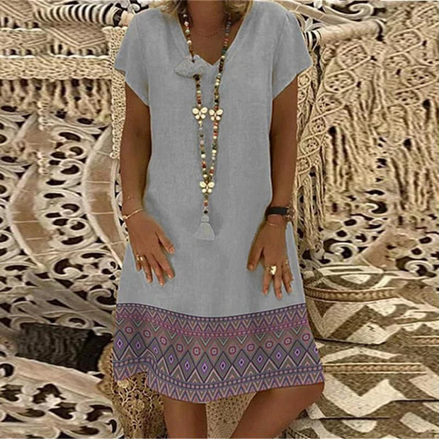 Ethnic Printed Short Sleeved V Neck Dress