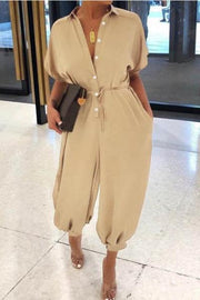Women's Short-sleeved Button Loose Jumpsuit