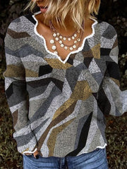 Womens Long Sleeve Lace Collar Print Top