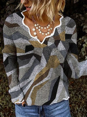 Womens Long Sleeve Lace Collar Print Top