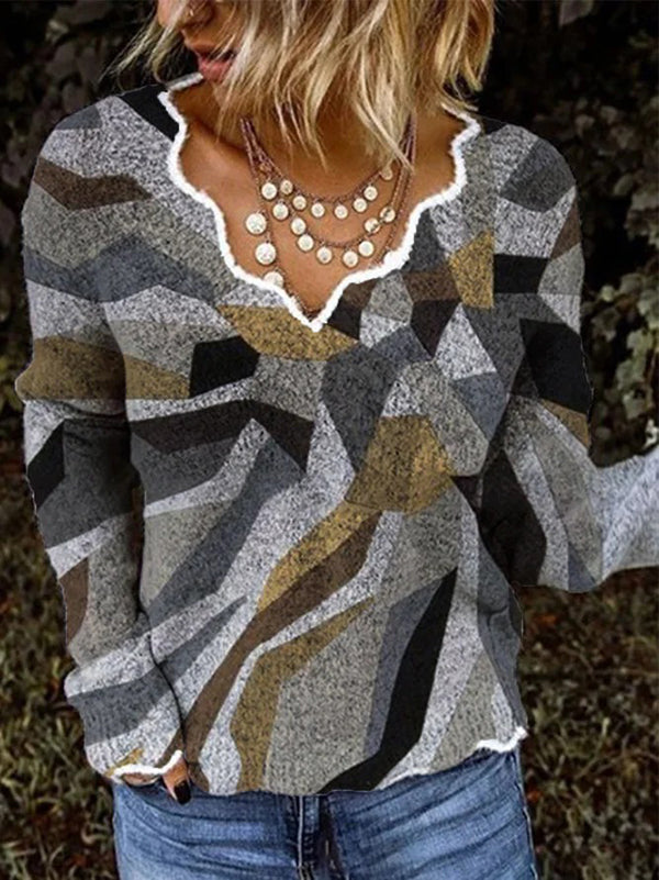 Womens Long Sleeve Lace Collar Print Top