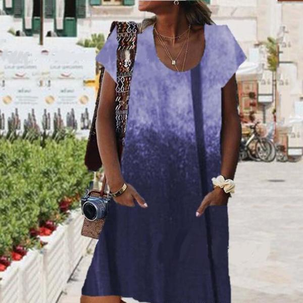 Sexy Pocket Printing Tie-dyed Round Neck Short Sleeve Dress