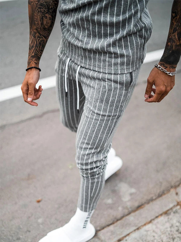 Mens Striped Fitness Running Long Sleeve Sweater Slim Pants Set