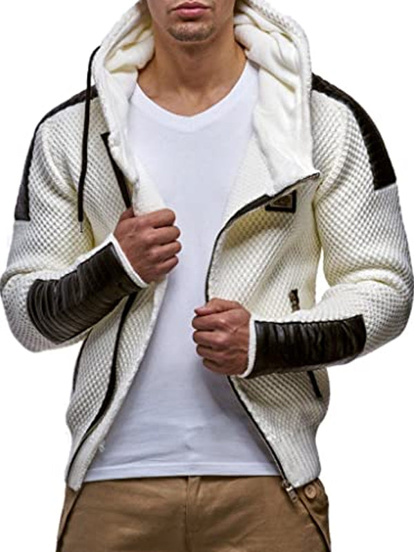 Mens Fashion Stitching Slim Zipper Hooded Sweater Coat