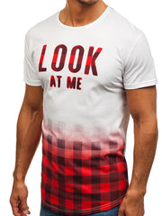 Mens Check Gradient Print Letter Short Sleeve T-shirt