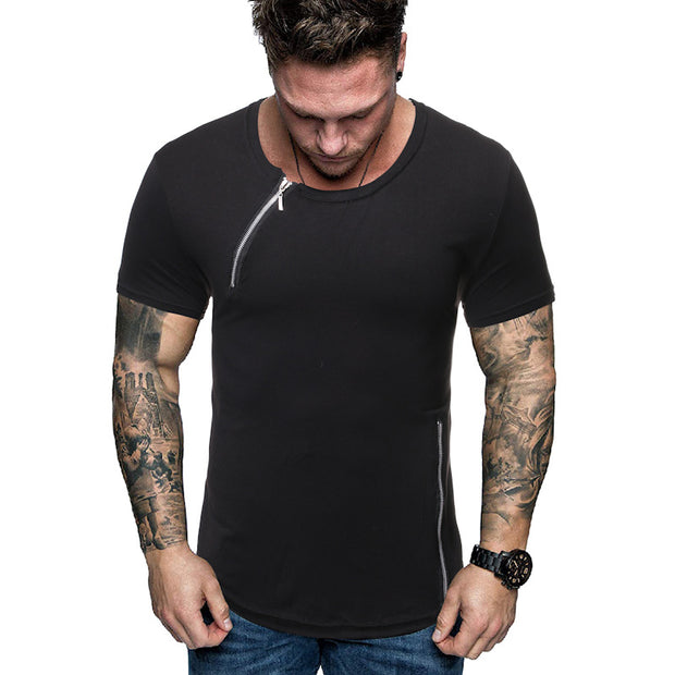 Mens Fashion Zipper Stitching Short Sleeve T-Shirt