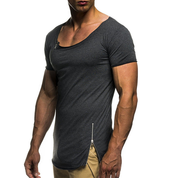 Mens Round Neck Zipper Stitching Slim Short Sleeve T-Shirt