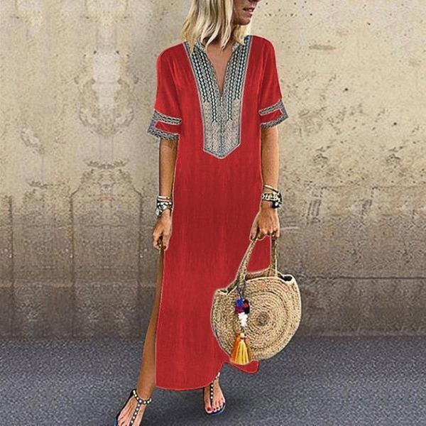 Neocozy Ethnic Short Sleeve Loose Plain Dress
