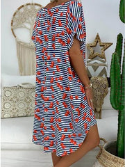 Women Short Sleeve V-neck Printed Midi Dress