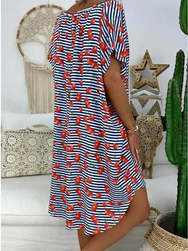 Women Short Sleeve V-neck Printed Midi Dress