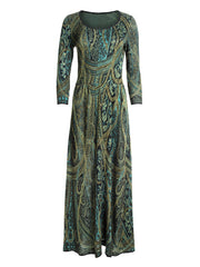 Amourpolly Ladies Vintage Print O-Neck Long Sleeve Long Dress