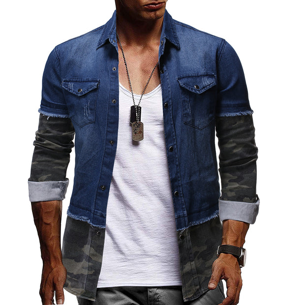 Fashion Camouflage Stitching Denim Long Sleeve Shirt